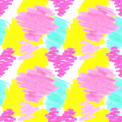 Seamless pattern with a print of pink hearts and colored yellow, blue spots in a doodle style, drawn with markers with felt-tip pens.