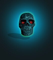 Skull with red eyes in the blue neon background. 
