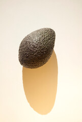 Avocado isolated on pastel background with long shadows. Eco-friendly products and healthy food concept. World Vegan Day