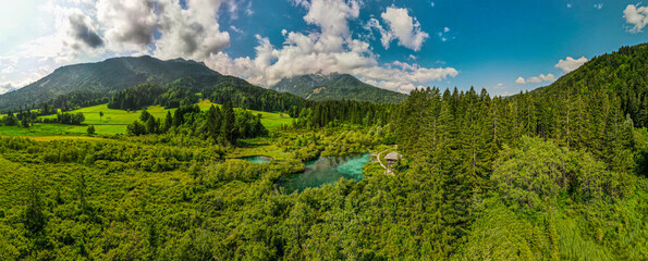 Aerial Panoramic View of Zelenci Spring Nature Reserve in Slovenia Julian Alps - obrazy, fototapety, plakaty