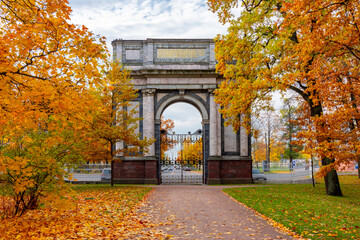 Orlov (Gatchina) gate in Catherine park in fall, Tsarskoe Selo (Pushkin), Saint Petersburg, Russia