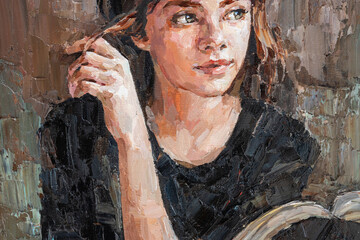 .A young girl reads an interesting book on a light warm background. Oil painting on canvas.