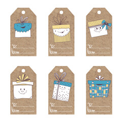 Collection of  kraft paper tags with  gift boxes, christmas motifs.