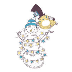 Holiday vector illustration with cartoon Snowman and an adorable bird on white.  Perfect for invitations, postcards, cover design templates.