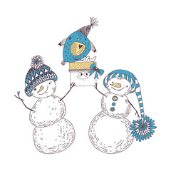Cartoon Snowmen with gift box and cute bird.  Christmas illustration . Vector  characters. Perfect for holiday invitations, postcards, cover design templates, wallpaper, wrapping and textile.