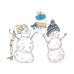 Cartoon Snowmen with gift boxes.  Christmas illustration . Vector  characters. Perfect for holiday invitations, postcards, cover design templates, wallpaper, wrapping and textile.