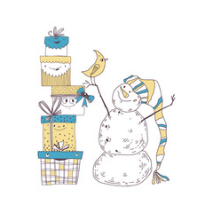 Festive vector illustration with cartoon Snowman with birdie and gift boxes on white.  Perfect for invitations, postcards, cover design templates.