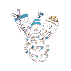 Cartoon Snowman with gift boxes and garland on white.  Christmas illustration. Vector  character. Perfect for holiday invitations, postcards, cover design templates, wallpaper, wrapping and textile.