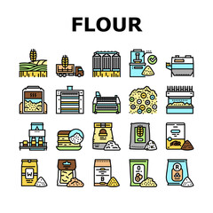 Flour Factory Industry Production Icons Set Vector. Wheat And Oat, Barley And Rice Flour For Baking Pastry Dessert Line. Agronomy Field With Growing Plant And Industrial Machine Color Illustrations