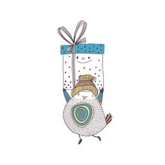 Cartoon bird with gift boxes on white.  Festive illustration . Vector  characters. Perfect for holiday invitations, postcards, cover design templates, wallpaper, wrapping and textile.
