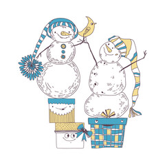Two cute snowmen are standing on gift boxes. Christmas illustration . Vector  characters. Perfect for holiday invitations, postcards, cover design templates, wallpaper, wrapping and textile.