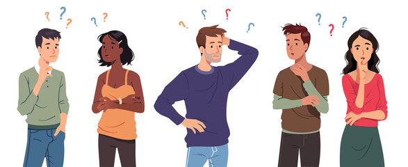 Questioning people men, women in doubt thinking