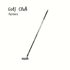Golf Club types. Putters. Ink black and white doodle drawing in woodcut style.