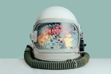 Closed astronaut helmet filled with colorful chrysanthemum flowers on mint color background. Cosmonaut space helmet with flowers © Dmitry Zimin