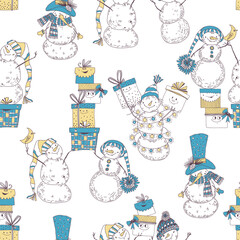 Seamless pattern with  Snowmen and gift boxes on white. Festive background. Vector. Perfect for invitations, postcards, wallpaper, wrapping and textile.