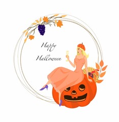 Happy Halloween postcard, card isolated on white. Girl in pumpkin costume and glass of champagne in circular composition. Halloween's party