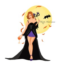 halloween witch . Halloween postcard, card, poster. Girl in black dress bat's suit on party mood.