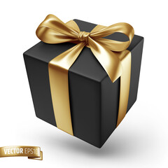 Vector realistic illustration of a black gift box with a gold ribbon on a white background.