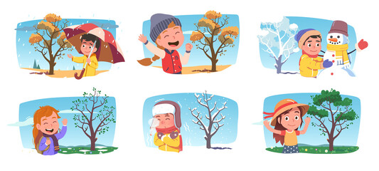 Happy girl, boy kids enjoying four seasons weather