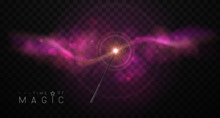Magic wand with pink glowing shiny trail.  Isolated on black transparent background. Vector illustration