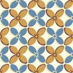 Simple medieval style stylized flowers vector pattern background. Hand drawn gold ochre blue floral motifs on light backdrop. Geometric historical repeat. Diagonal all over print for packaging