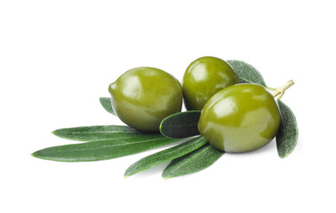 Delicious fresh green olives with leaves on white background