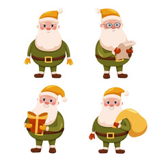 A set of Santa Claus in green suits, with gifts, a letter, yellow hat, Santa Claus with glasses, cartoon Christmas characters