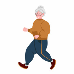 Smiling grandma is running. An elderly woman goes in for sports. The concept of longevity and a healthy lifestyle. Vector isolated flat illustration on the white background.