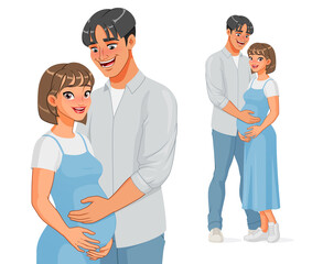 Happy Asian man holding belly of his pregnant wife. Vector illustration.