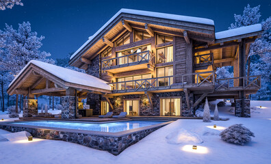 Fototapeta premium 3d rendering of modern cozy chalet with pool and parking for sale or rent. Beautiful forest mountains on background. Massive timber beams columns. Cool winter night with stars in sky.