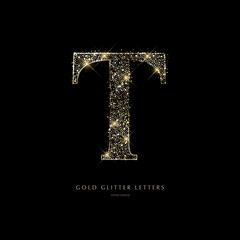 Glittering golden letters on a black background, shiny letters