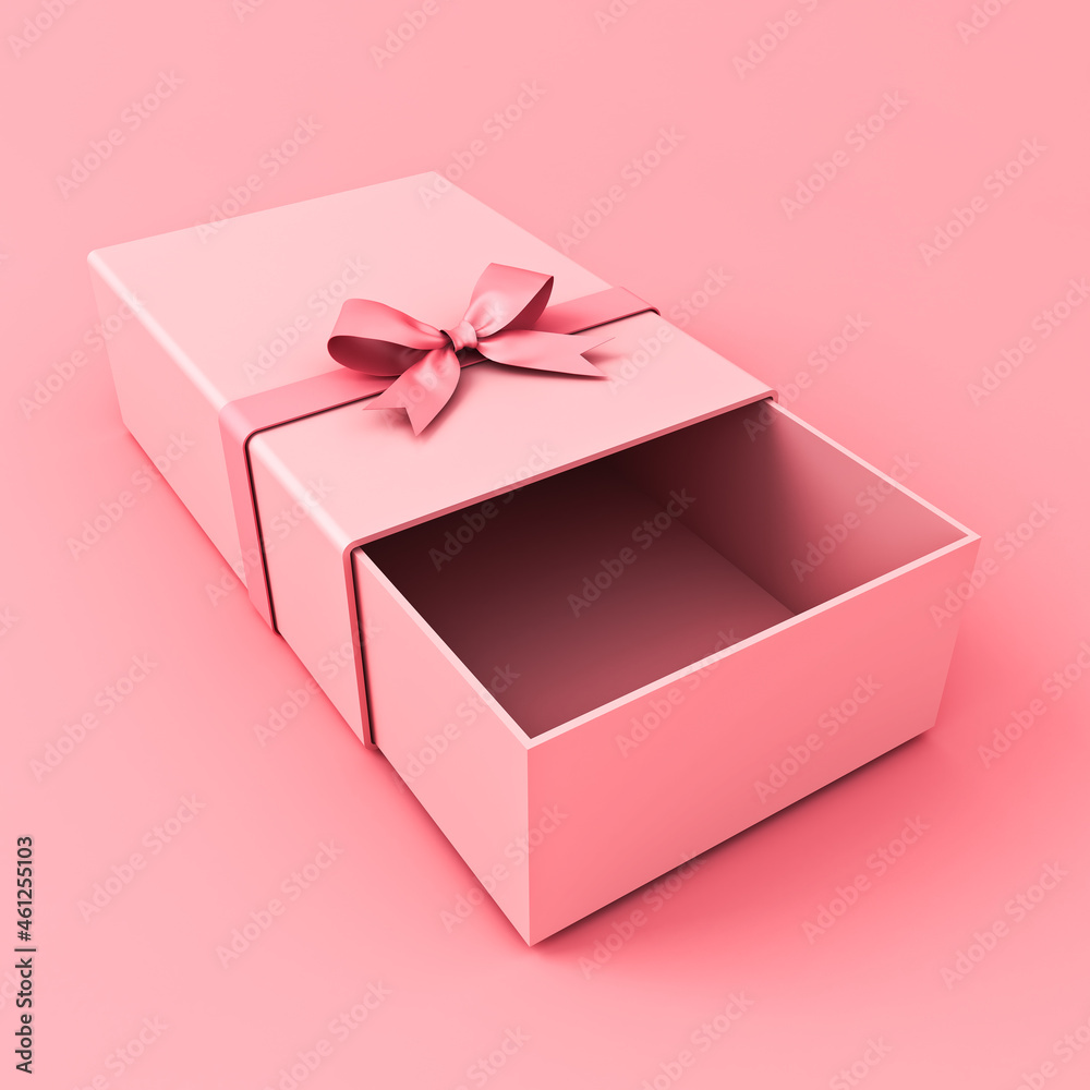 Poster blank gift sleeve box with pink ribbon bow isolated on pink pastel color background minimal conceptu