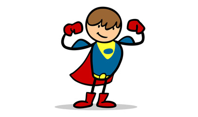 Junge im Superhelden Kostüm zeigt Muskeln