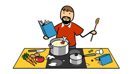 Mann in Küche bereitet Mahlzeit nach Rezept zu - obrazy, fototapety, plakaty