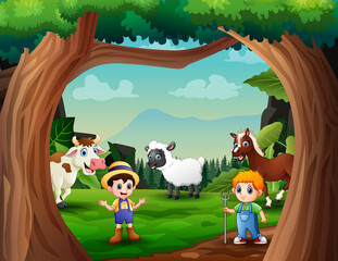 Obraz na płótnie Canvas Cartoon the farmers herding farm animals in green field illustration