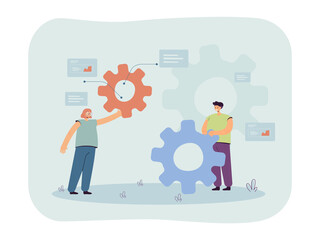 People holding gears in hands. Team of tiny male, female characters in working process flat vector illustration. Teamwork, business cooperation concept for banner, website design or landing web page