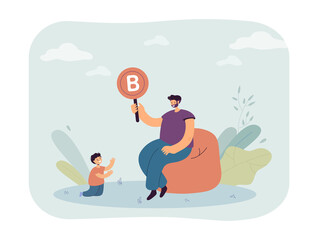 Father and son studying alphabet together. Man holding card with letter b in hand, teaching boy flat vector illustration. Preschool education concept for banner, website design or landing web page