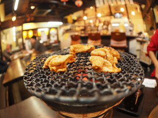 Charcoal-grilled hormones are Japanese local food