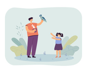 Father holding parrot in hand while drinking tea or coffee. Daughter asking for playing with bird flat vector illustration. Pet, exotic animals concept for banner, website design or landing web page