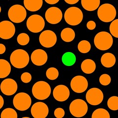 many  orange and just one neon green dot on black background