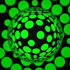 pattern and design from many neon green dots in regular geometric socal distance arrangement on black background with glass sphere