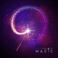 Magic wand with golden neon glowing shiny trail on abstract space background. Vector illustration