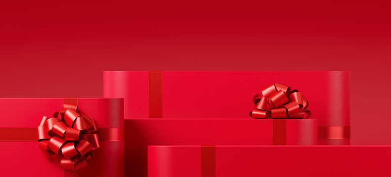 Minimal winter product background for Christmas, New year and sale event concept. Red gift box with ribbon bow on red background. 3d render illustration. Clipping path of each element included.