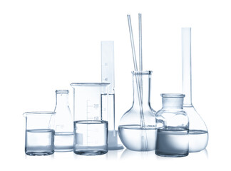 Laboratory glassware with liquid isolated on white