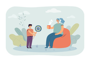 Son giving huge lollipop to mother drinking tea or coffee. Boy sharing sweets with woman flat vector illustration. Family, relationship, care concept for banner, website design or landing web page
