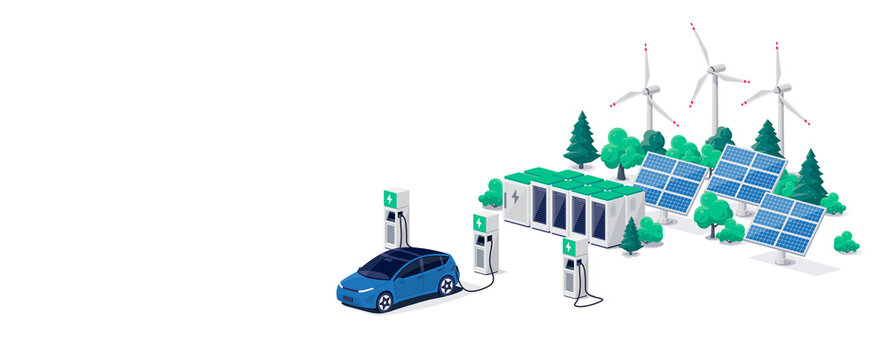 Electric car charging on parking lot with fast supercharger station and many charger stalls. Vehicle on renewable solar panel wind energy battery storage station in network grid. Vector illustration.