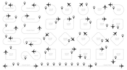 The flight path of the aircraft from the point of location along the dotted line. Flight route from a waypoint with an airplane silhouette. Vector elements.