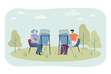 Art students painting on canvases outdoors. Cartoon artists or painters drawing landscape in nature flat vector illustration. Hobby, art concept for banner, website design or landing web page