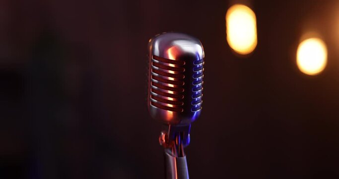 Audio podcast studio, audio microphone. Voice record on media studio for broadcasting sound. Podcasting mic speech or interview. Host speaker live host with headphones vocal recording.