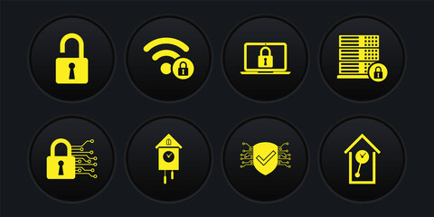 Set Cyber security, Server with lock, Retro wall watch, , Laptop and and Wifi locked icon. Vector